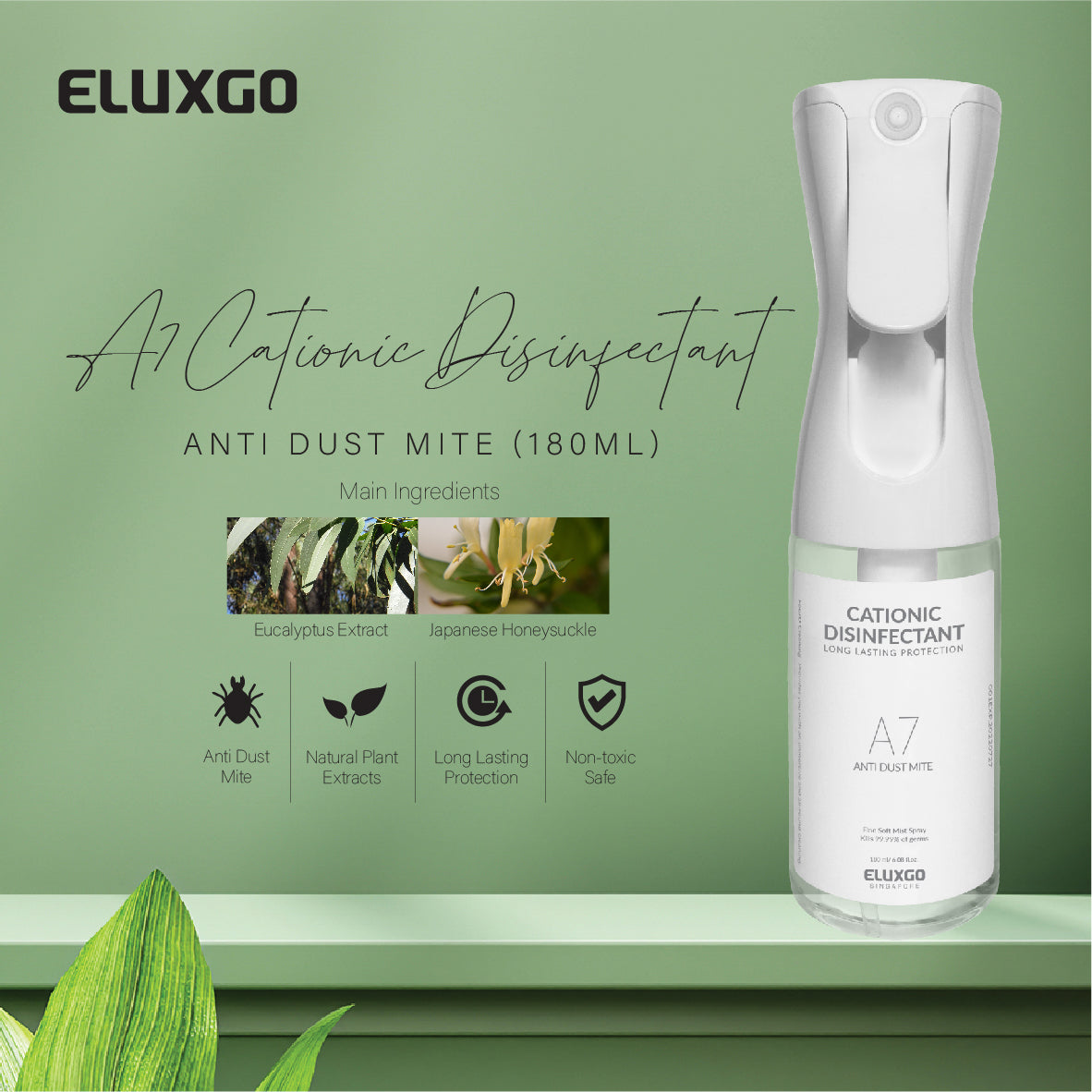 Eluxgo-A7-Cationic-Disinfectant-180ml-Fine soft mist spray-evenly in the air-to get rid of-odor-in the-house-or-room-anti-dust-mite