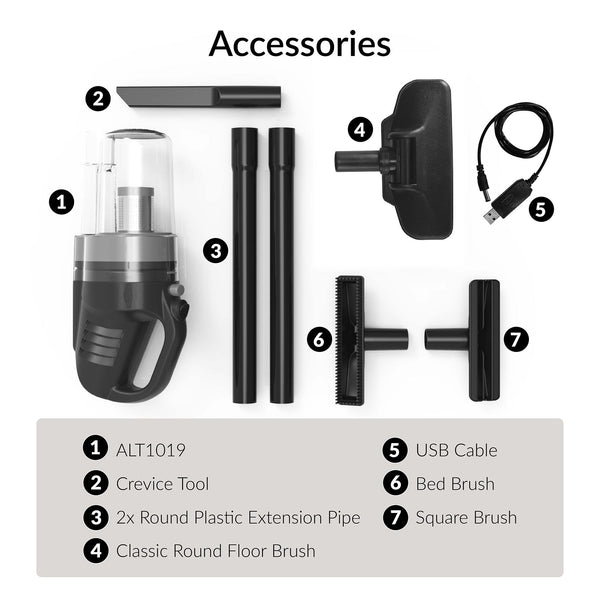 Eluxgo-ALT1019-Cordless-Vacuum-Cleaner-Accessories-Tools-crevice tool-extension pipe-floor brush-usb charging cable-square brush-bed brush